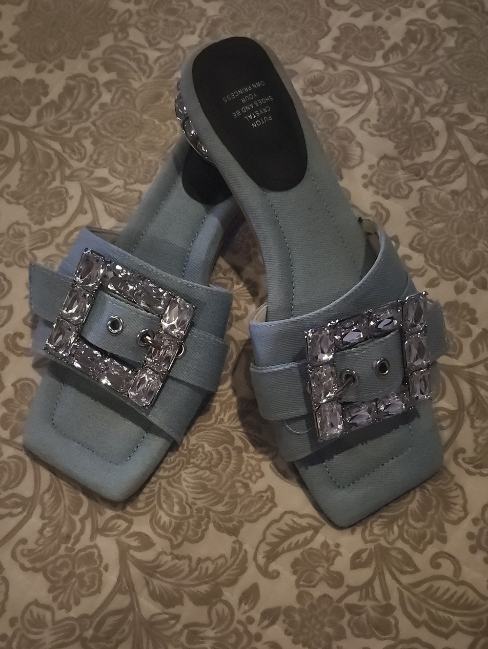 Light Blue Jewel Buckle Slide Sandals